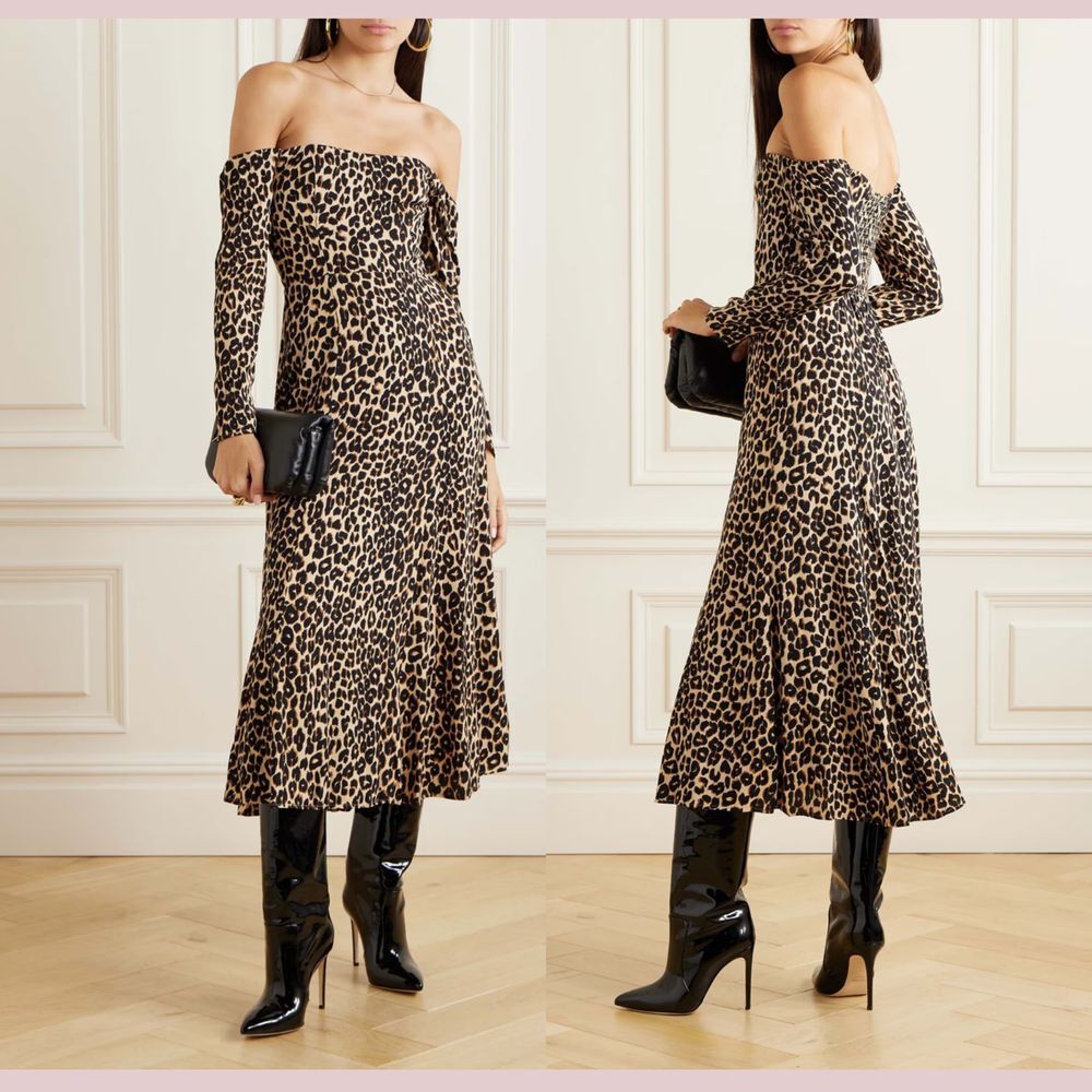 NEW REFORMATION [ 6 ] Ballari off the Shoulder Leopard‎ Crepe Midi Dress Cheetah